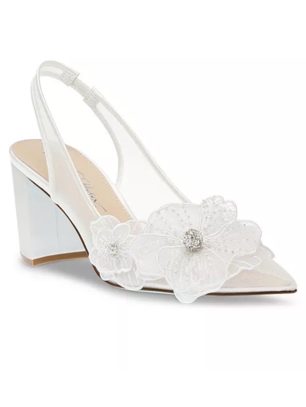 Betsey Johnson White Floral Appliqué Slingback Block Heels